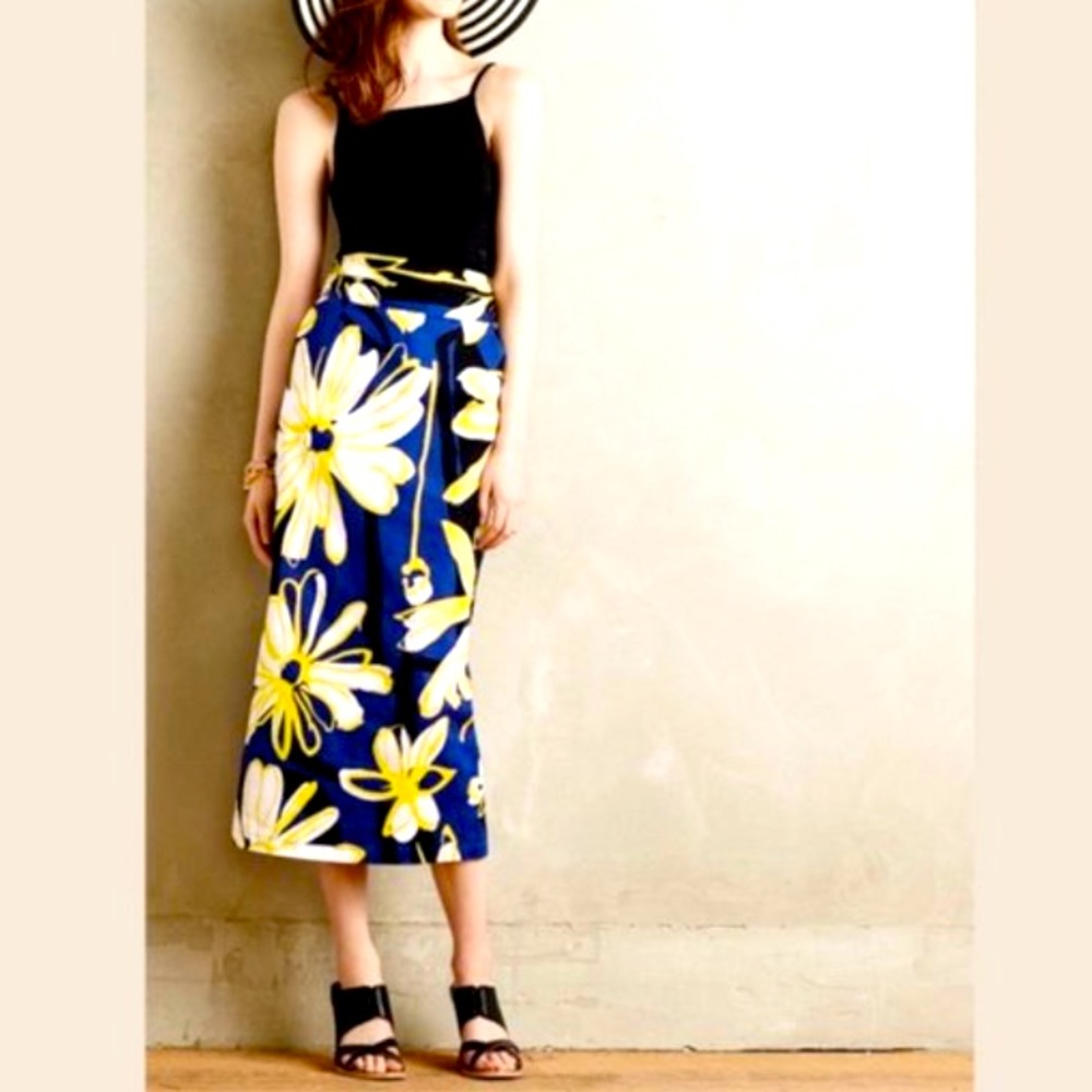 Anthropologie Blue and Yellow Floral Midi Skirt